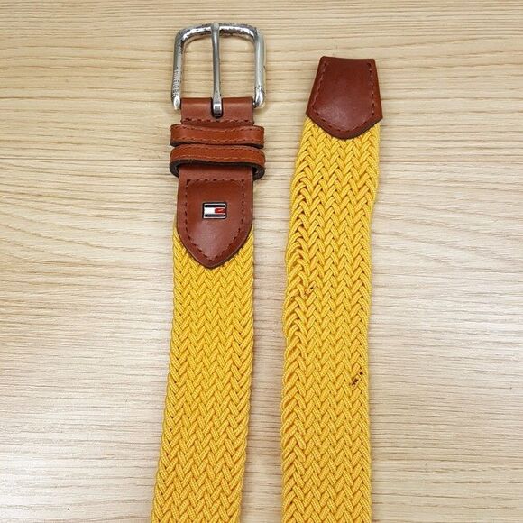 TOMMY HILFIGER Belt Mens Large Yellow Braided Stretch Leather Trim Logo Buckle - Picture 1 of 6
